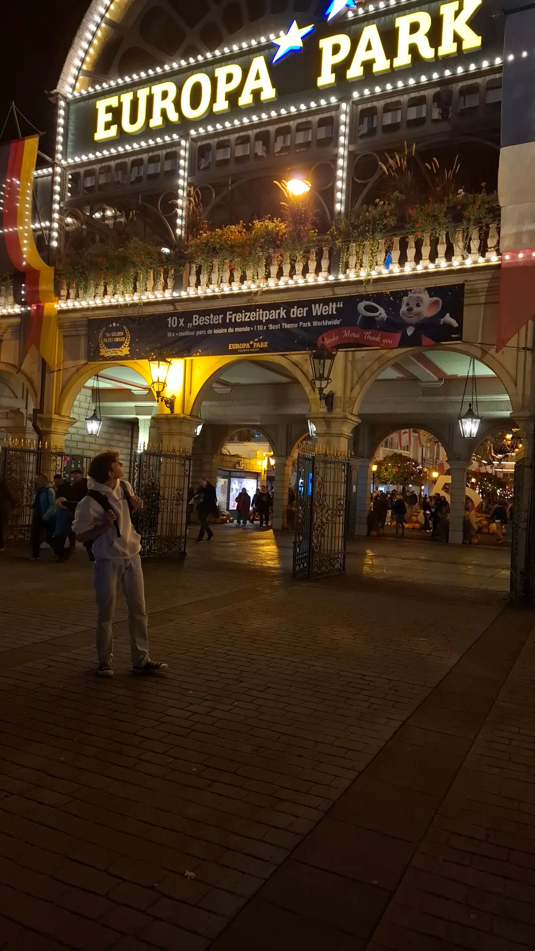 Europa-Park Eingang bei Nacht